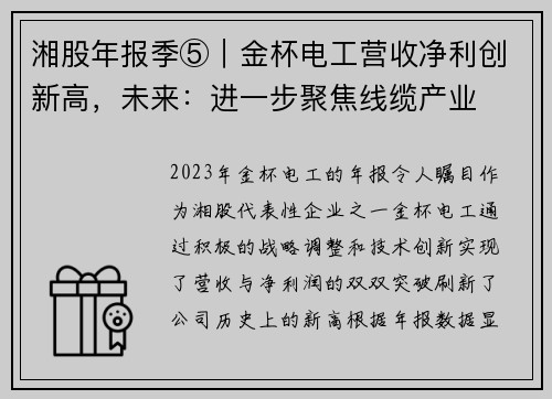 湘股年报季⑤｜金杯电工营收净利创新高，未来：进一步聚焦线缆产业