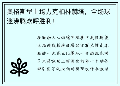 奥格斯堡主场力克柏林赫塔，全场球迷沸腾欢呼胜利！