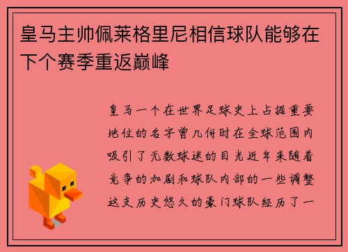 皇马主帅佩莱格里尼相信球队能够在下个赛季重返巅峰